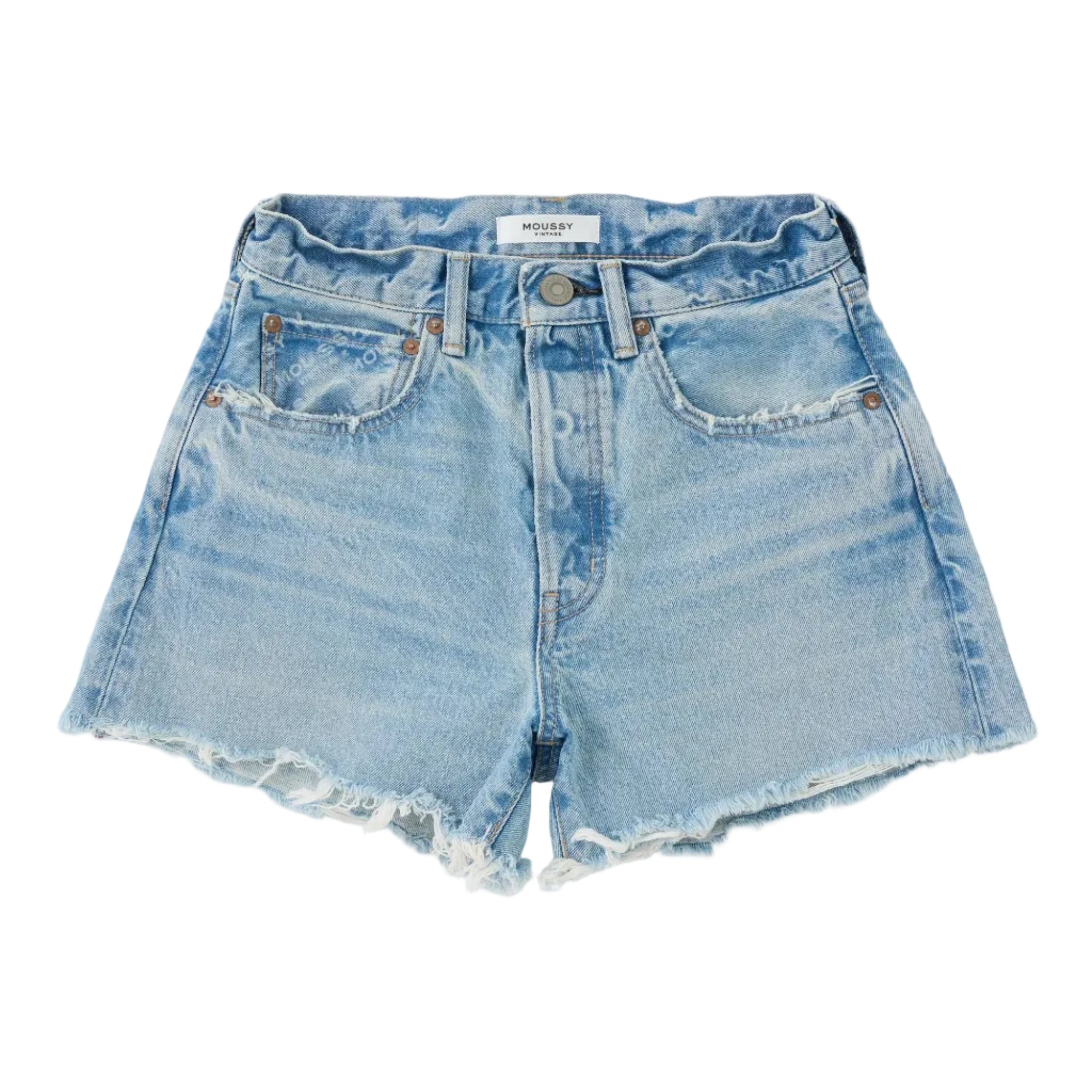 Light blue denim shorts with a raw, frayed hem and a high waist, laid flat on a white background.