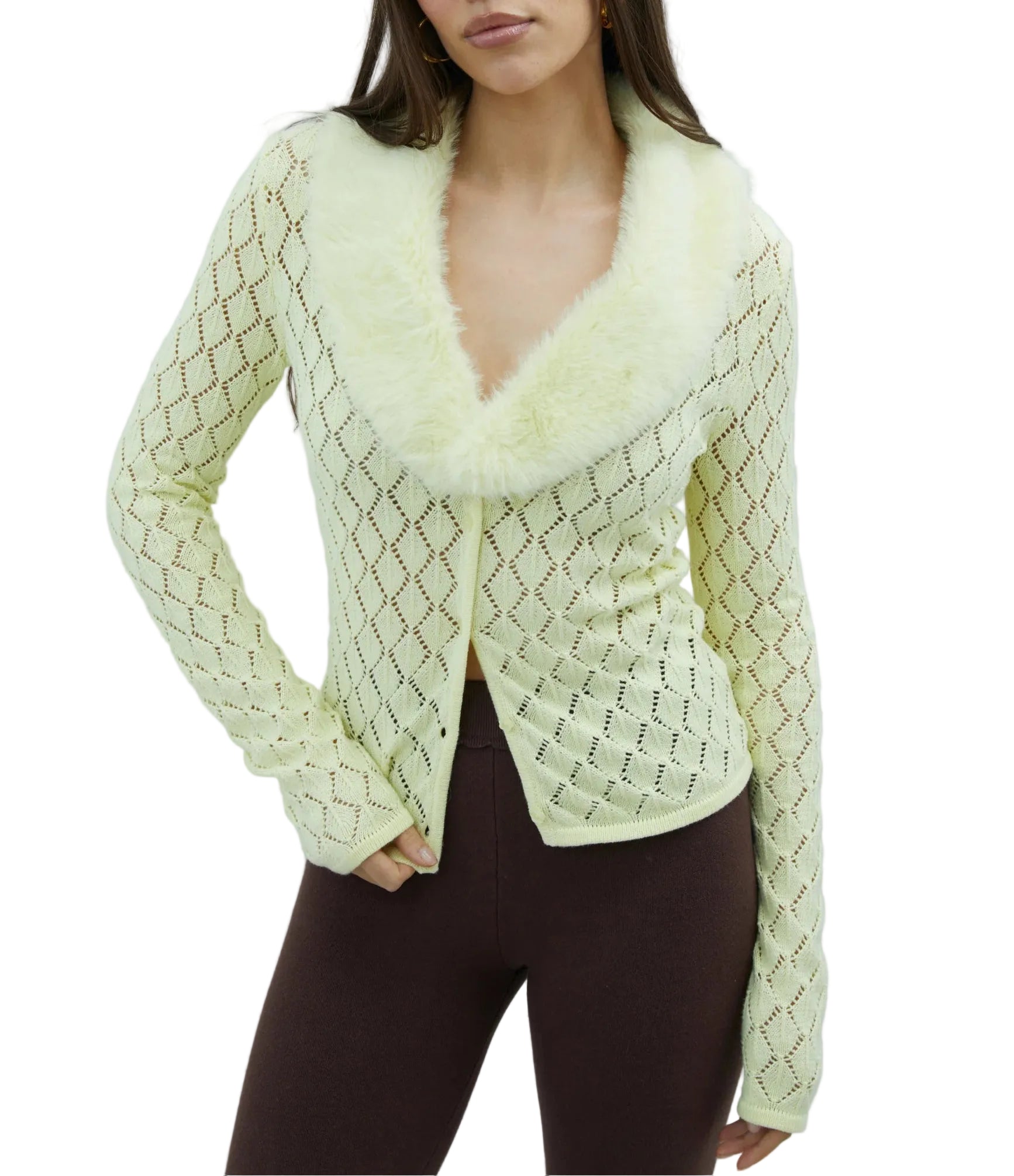 Woman wearing a light yellow knitted cardigan with a fur collar against a plain background