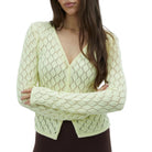 Woman wearing a light yellow knitted cardigan with a fur collar against a plain background