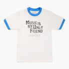 White t-shirt with blue ringer sleeves and 'Music is My Only Friend' text on a white background