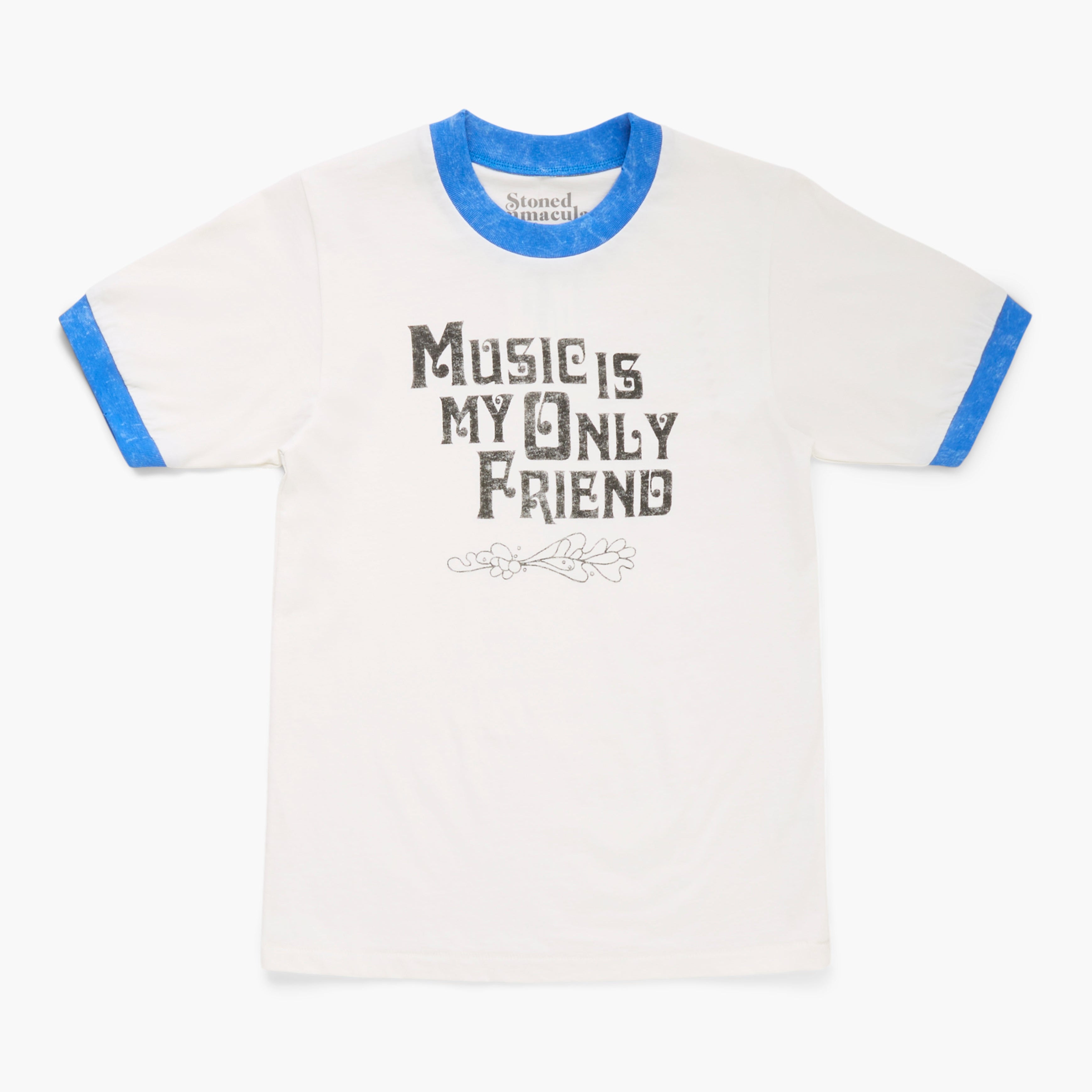 White t-shirt with blue ringer sleeves and 'Music is My Only Friend' text on a white background