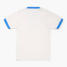 White t-shirt with blue accents on a white background