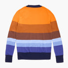 Colorful striped sweater with orange, brown, blue, and purple on a white background