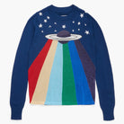 Sweater with a colorful design of a spaceship and stars on a white background