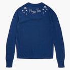 Blue long-sleeve sweater with 'Major Tom' text and star designs on a white background