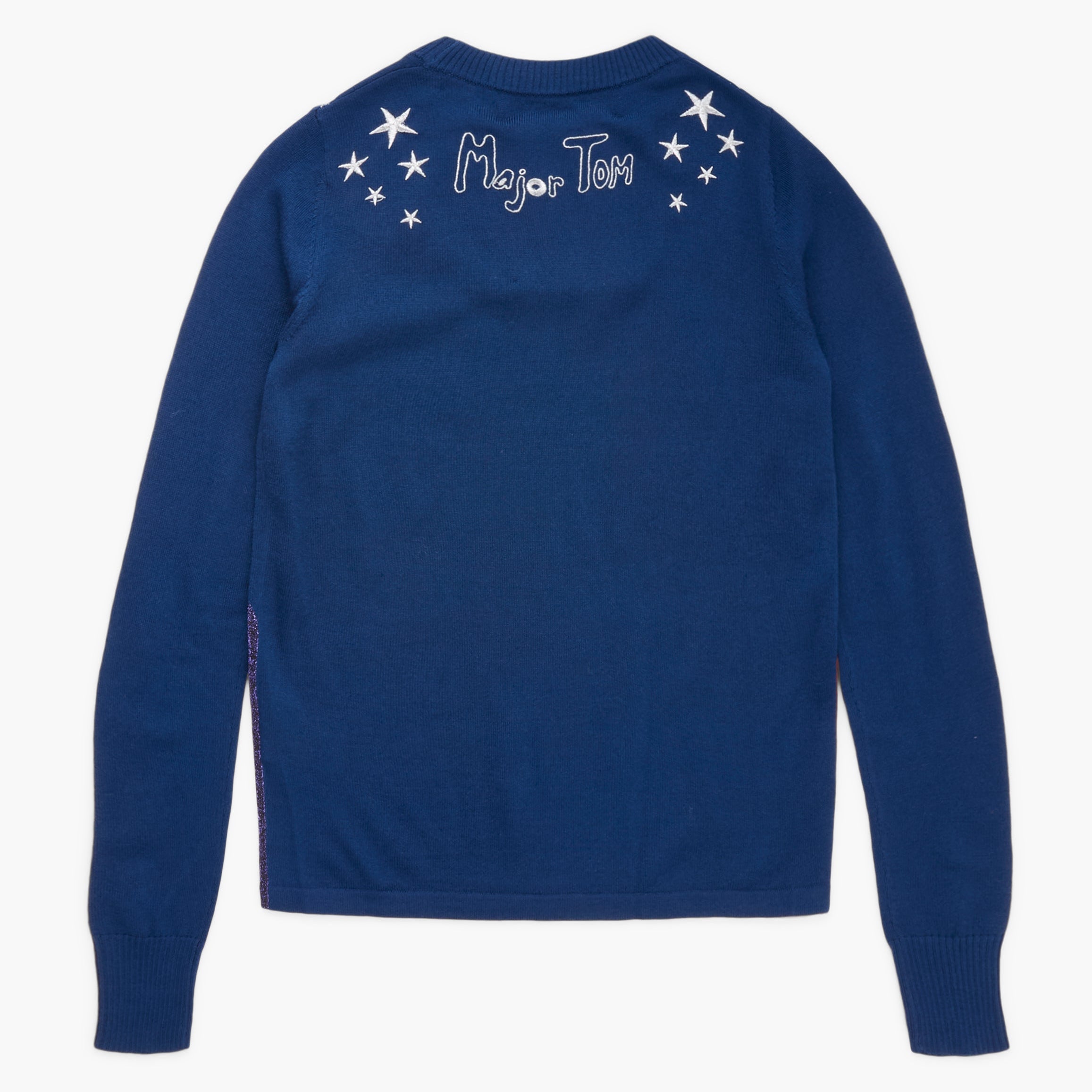 Blue long-sleeve sweater with 'Major Tom' text and star designs on a white background