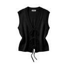 Black sleeveless top with lace-up front on a white background