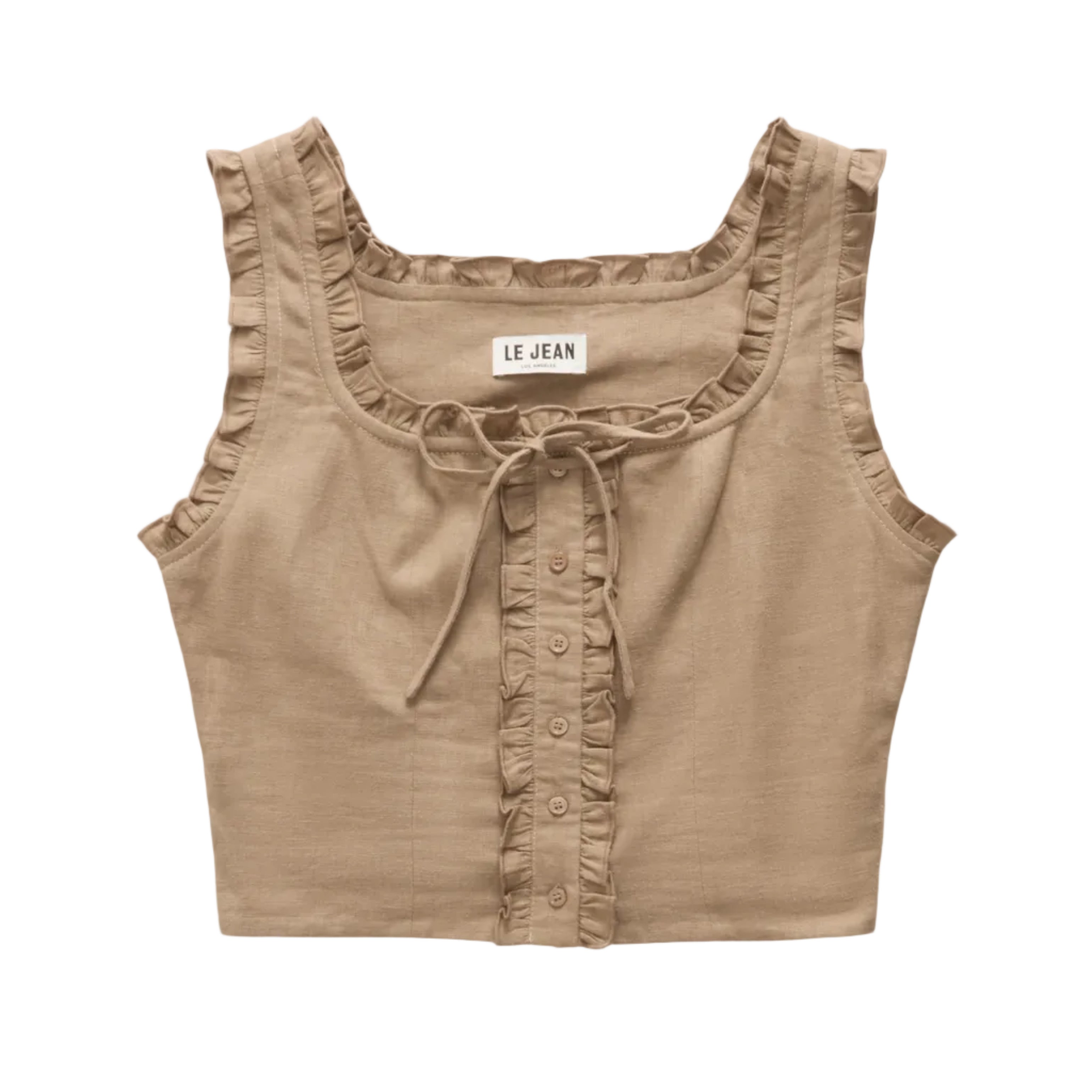 A sleeveless cropped top in a warm taupe-beige color, featuring delicate ruffle trim along the scoop neckline, tie-front detail, and buttoned ruffle placket. The brand label 'LE JEAN' is visible at the inner neckline.