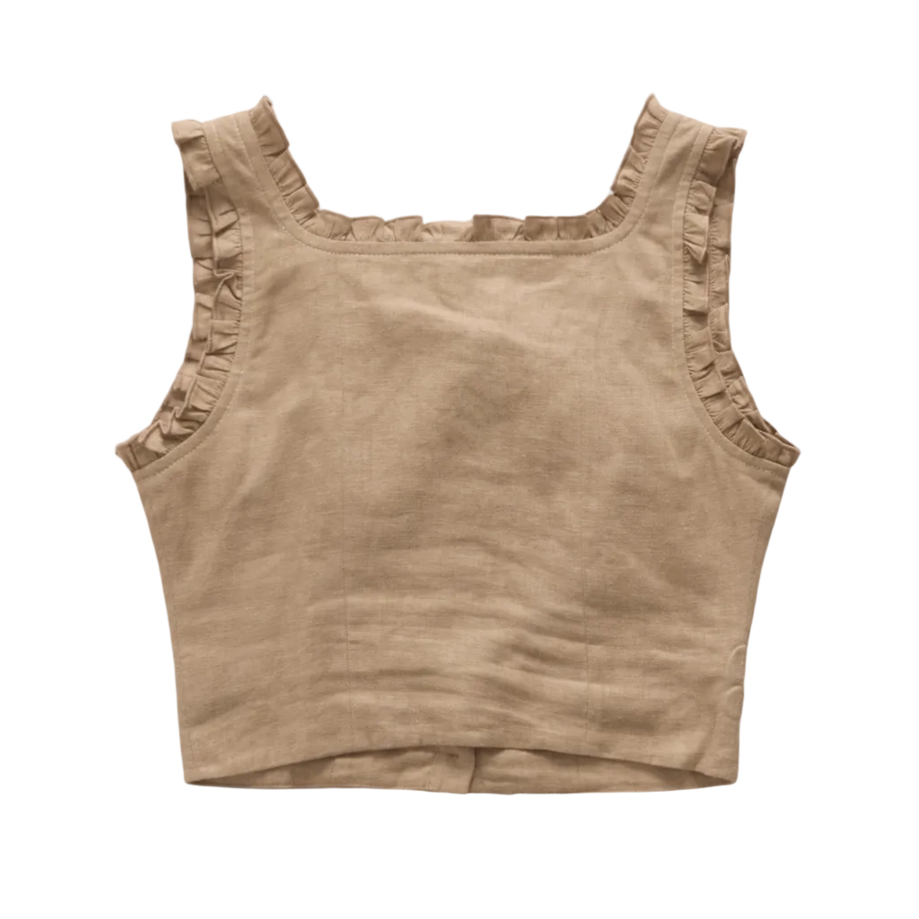 A cropped sleeveless top in a warm taupe-brown linen fabric, featuring ruffled trim along the scoop neckline and armholes, laid flat against a white background.