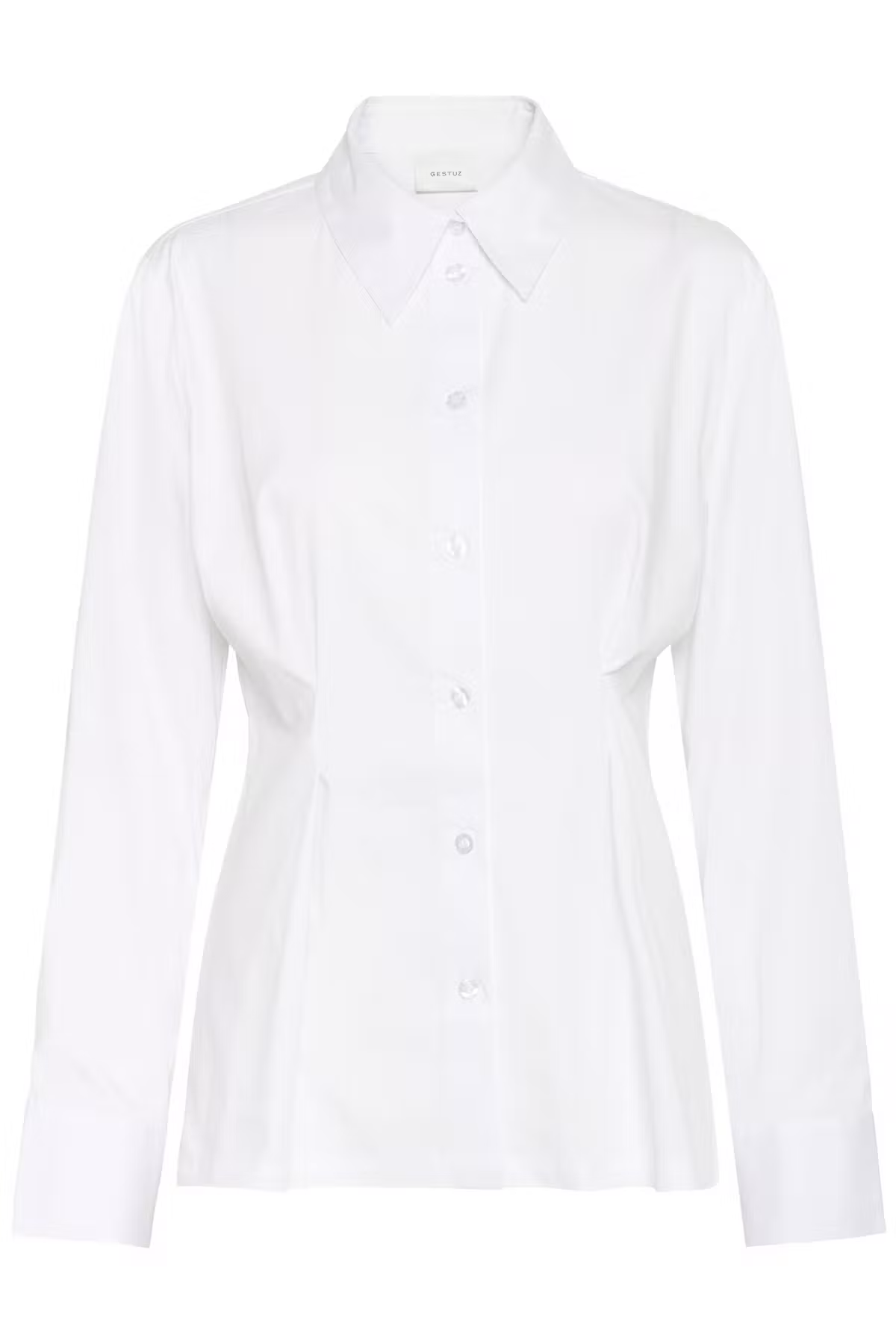 A white long-sleeve button-up shirt with a pointed collar and front button closure, shown on a plain white background.