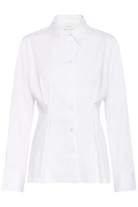 A white long-sleeve button-up shirt with a pointed collar and front button closure, shown on a plain white background.
