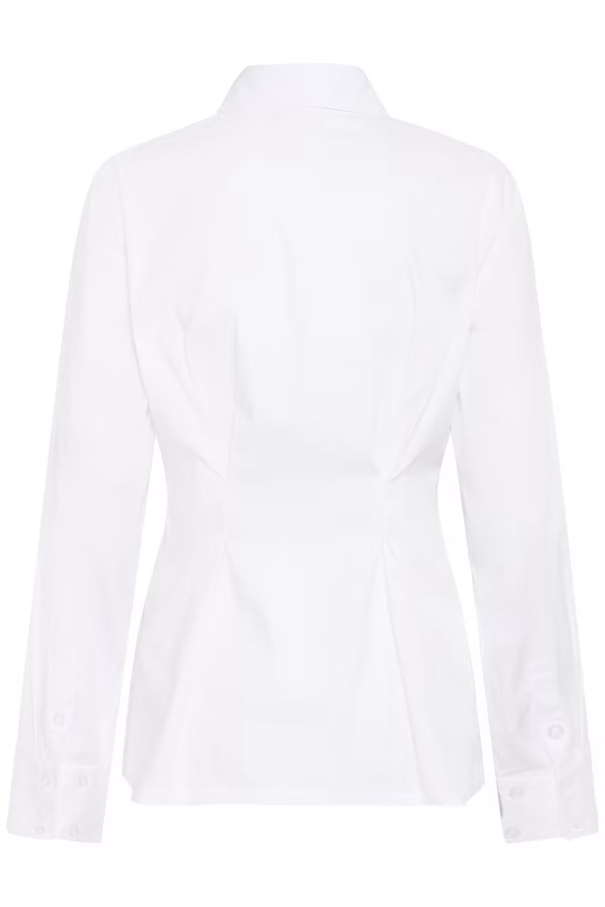 White long-sleeve button-up shirt shown from the back, featuring a structured collar and a peplum waist design with gathered fabric at the hips.
