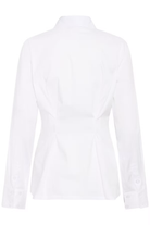 White long-sleeve button-up shirt shown from the back, featuring a structured collar and a peplum waist design with gathered fabric at the hips.