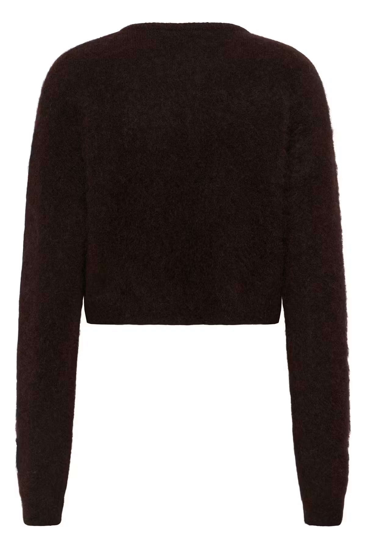 A dark brown cropped long-sleeve knit sweater with a fuzzy mohair-like texture, shown from the back on a plain white background.