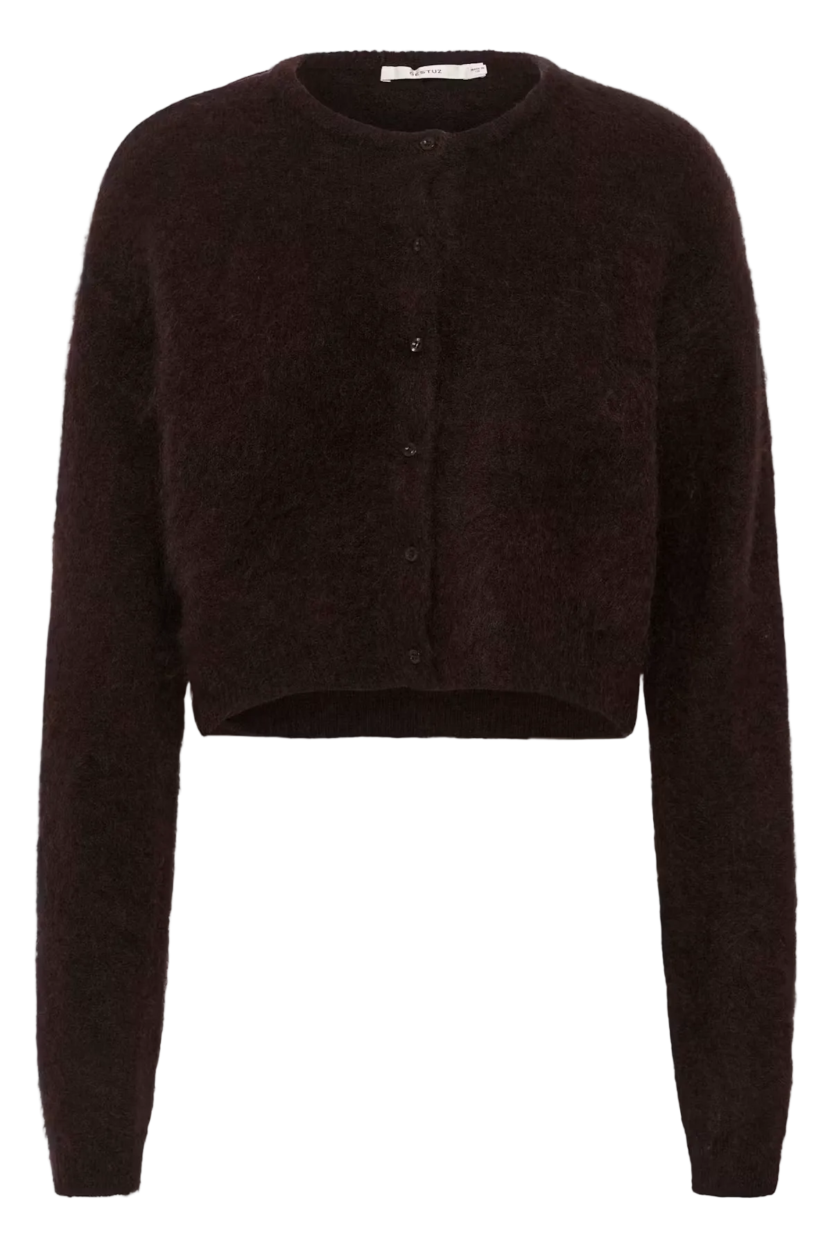 A dark brown fuzzy cropped cardigan sweater with a button-up front, shown against a plain white background.