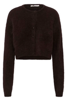 A dark brown fuzzy cropped cardigan sweater with a button-up front, shown against a plain white background.