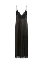 A black lace slip dress with spaghetti straps and a textured satin-like skirt, shown against a plain white background.