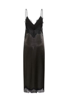 A black satin slip dress with a crocodile-embossed pattern on the bodice, featuring a lace V-neckline, thin spaghetti straps, and a matching lace hem, shown against a plain white background.