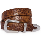 Brown leather belt with silver buckle on a white background