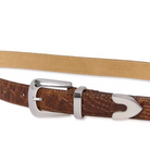 A brown crocodile-embossed leather belt with a polished silver-tone buckle and a matching silver-tone keeper, displayed against a clean white background.