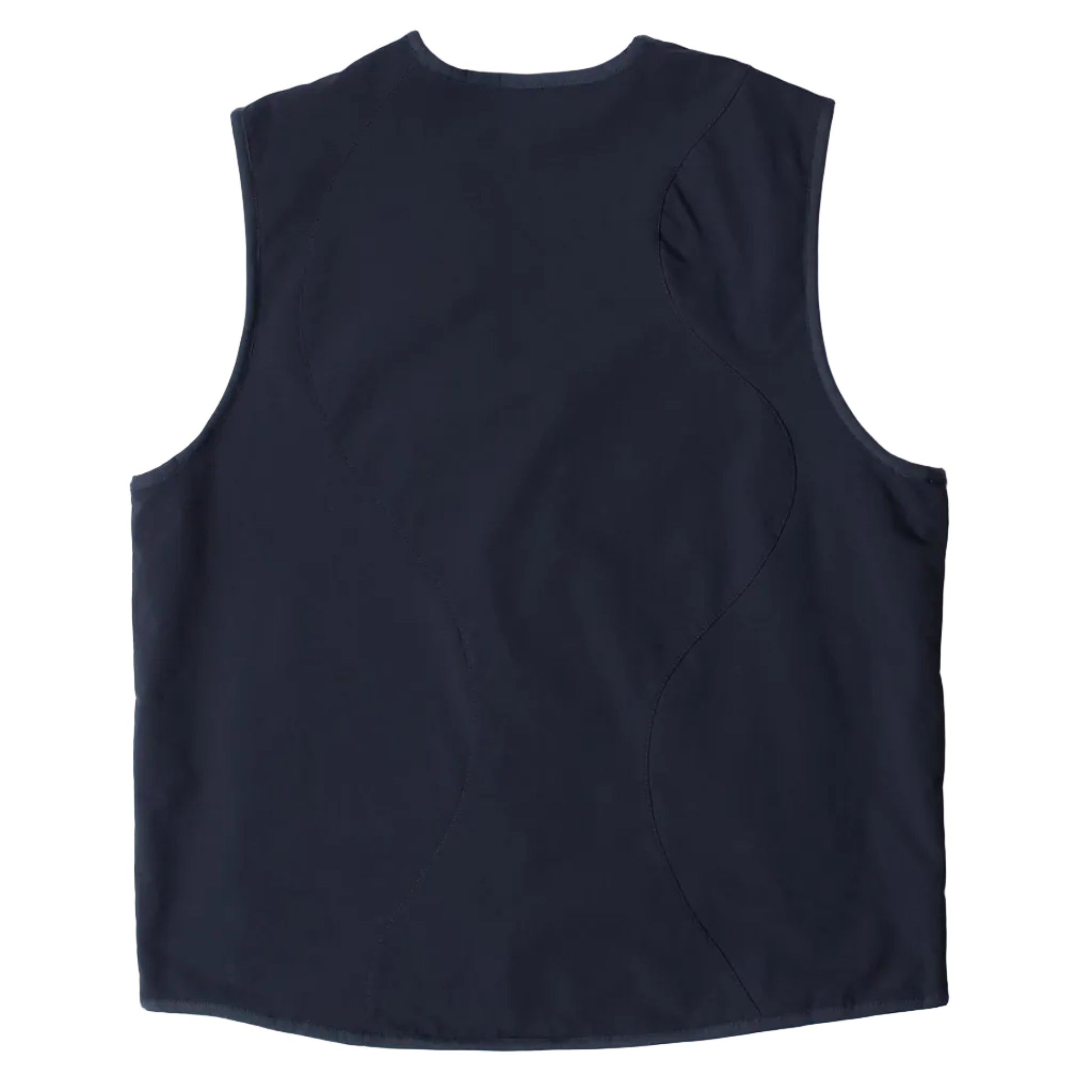 Back of a navy vest on a white background