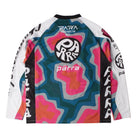 Back of a multicolored long-sleeve jersey on a white background