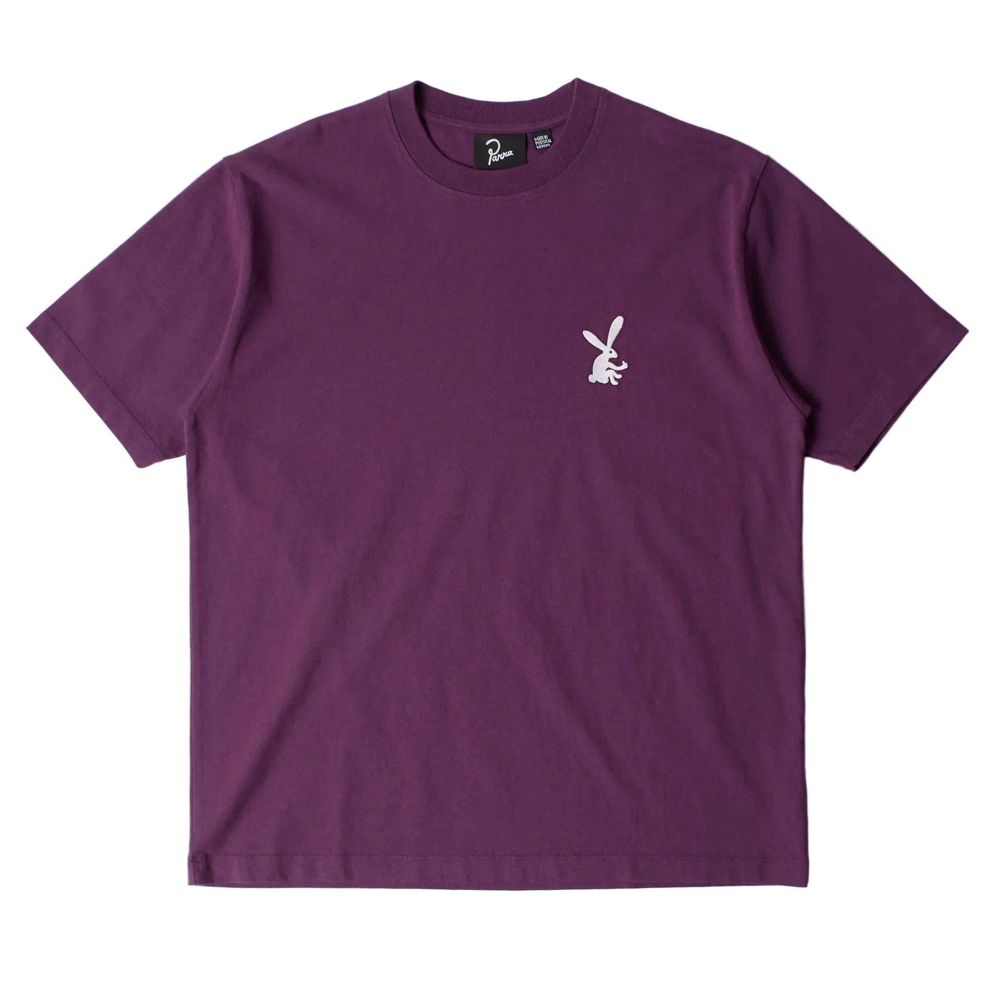 Purple t-shirt with an embroidered rabbit at the chest on a white background