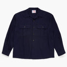 Navy button down shirt on a white background