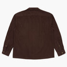 Back view of a brown button down shirt on a white background