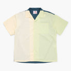 Lime, yellow and green short sleeve button down shirt on a white background
