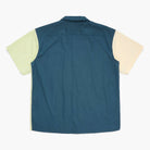 Back view of a lime, yellow and green short sleeve button down shirt on a white background