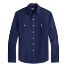 Navy blue button-up shirt on a white background