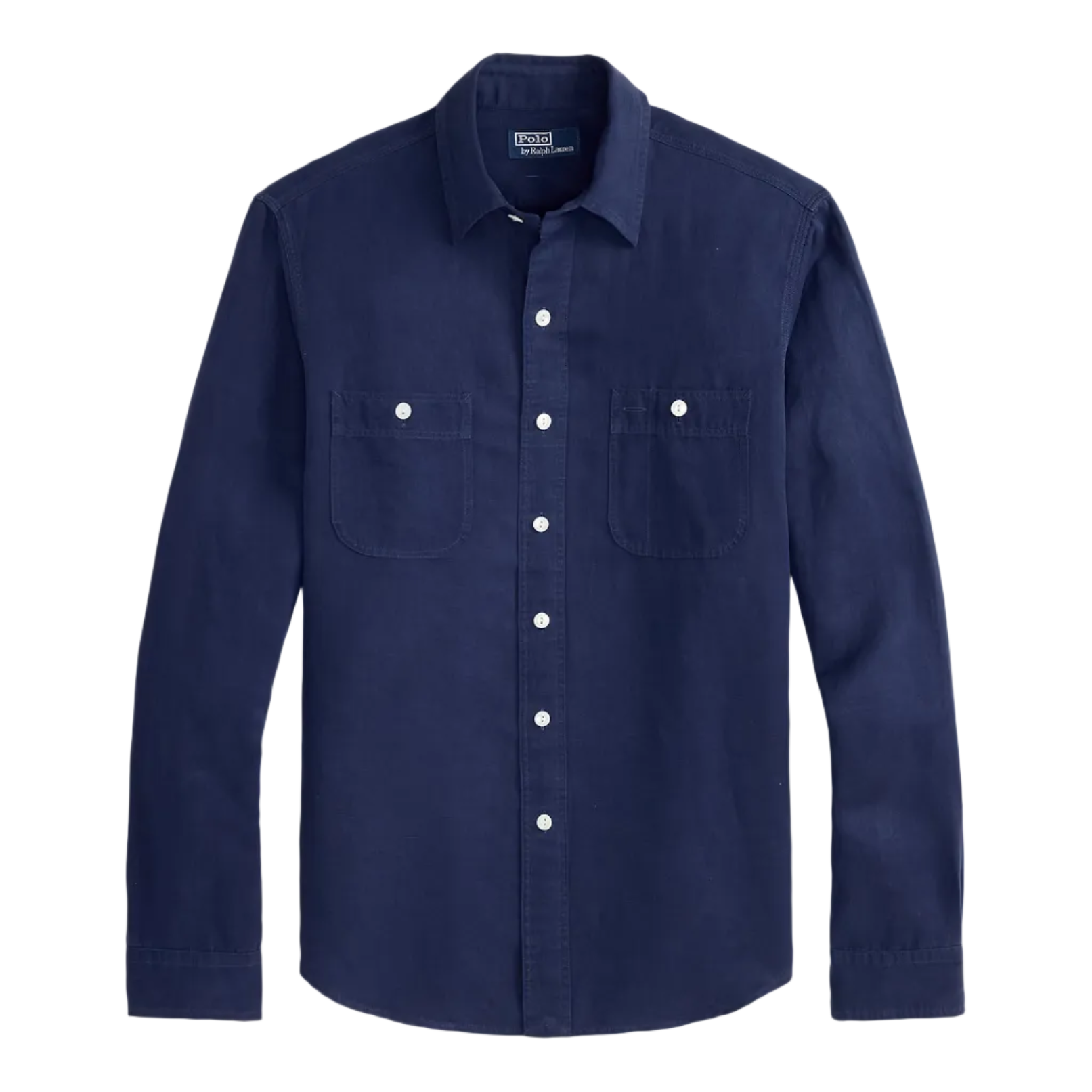 Navy blue button-up shirt on a white background