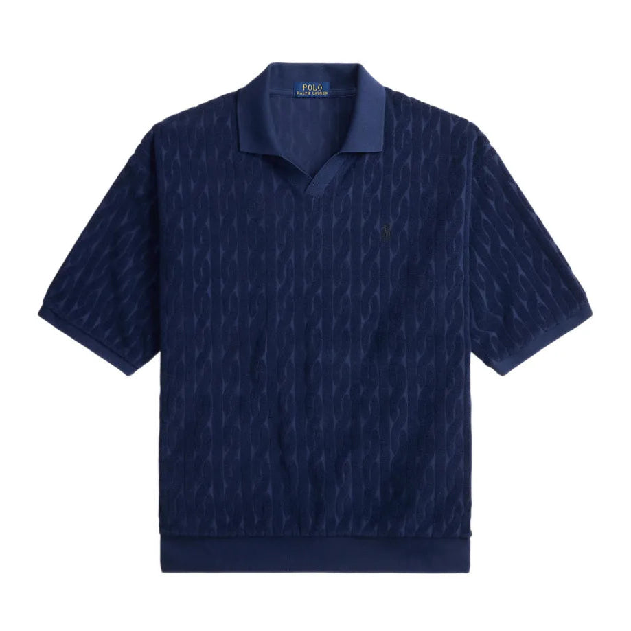 Navy blue patterned polo shirt on a white background