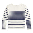 White sweater with horizontal navy stripes on a white background