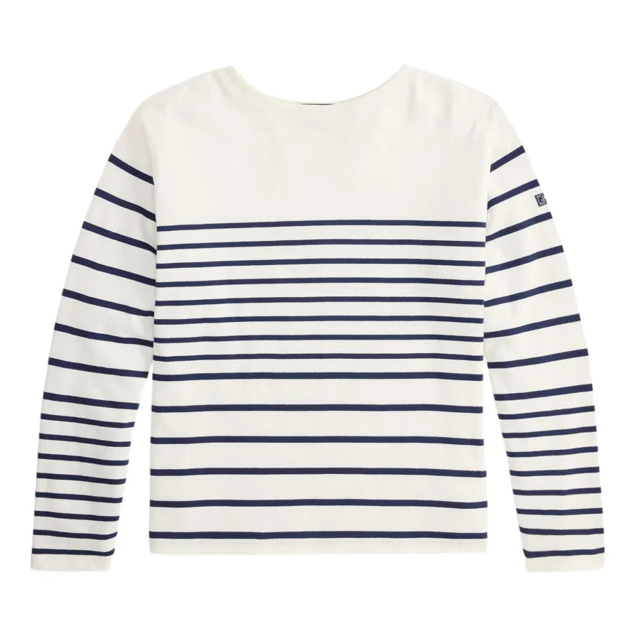 White sweater with horizontal navy stripes on a white background