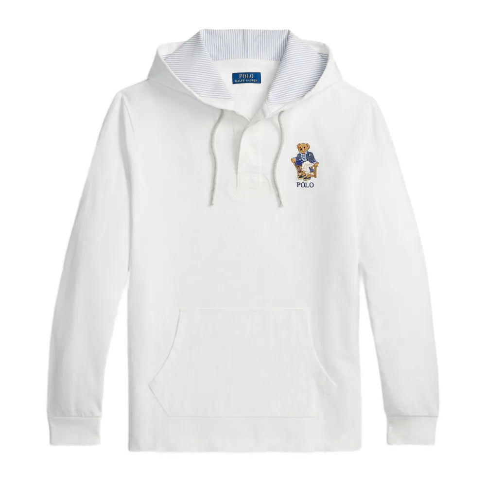 White hoodie with an embroidered bear logo on the chest.