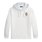 White hoodie with an embroidered bear logo on the chest.