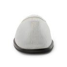 Front view of a white mesh mule with a flat black sole on a white background 