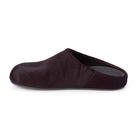 A single dark plum-brown mule slipper with a soft textured upper and a dark gray sole on a white background.