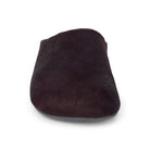 Front view of a single dark plum-brown mule slipper with a soft textured upper and a dark gray sole on a white background.