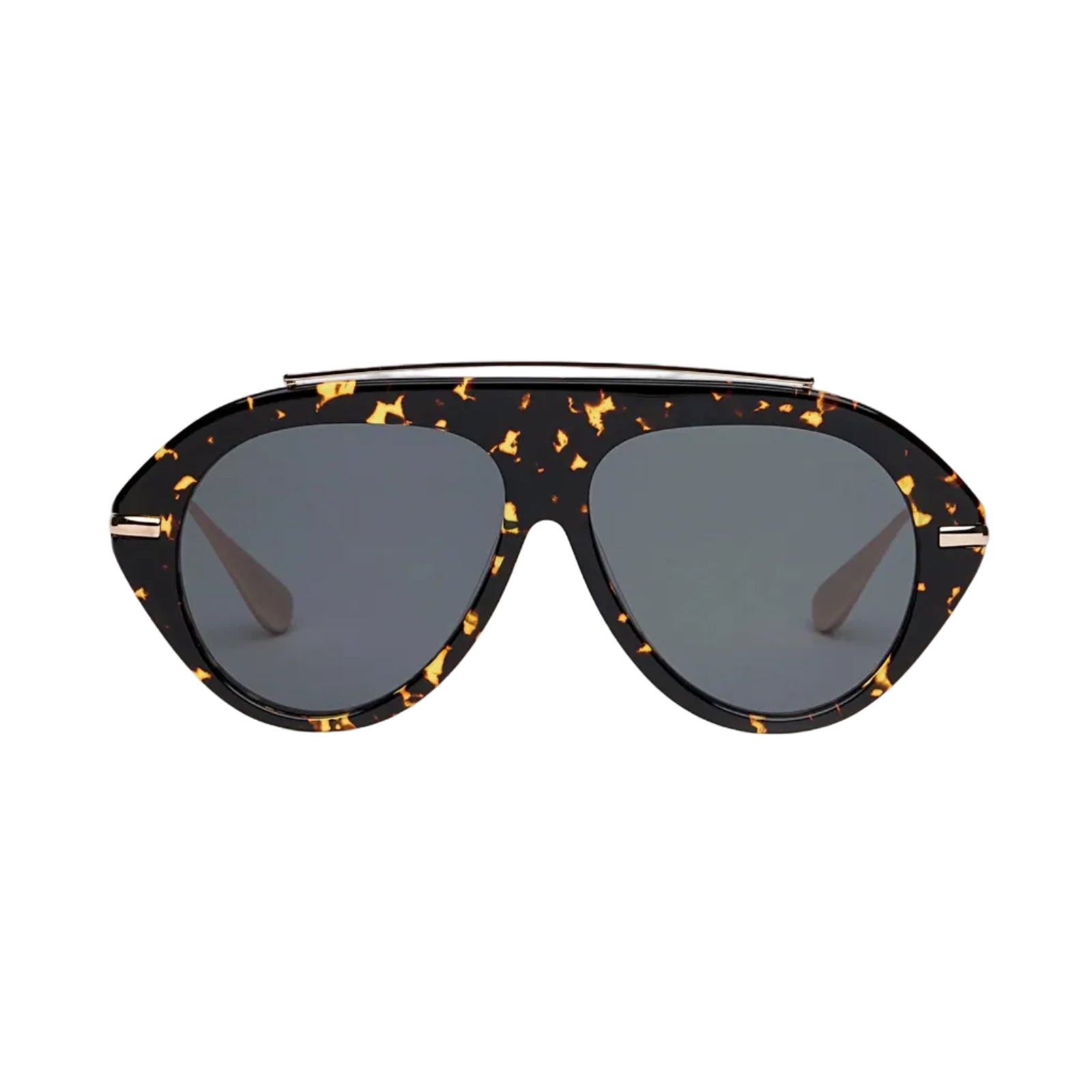 Dark marble framed sunglasses with black lenses and gold accents on a white background 