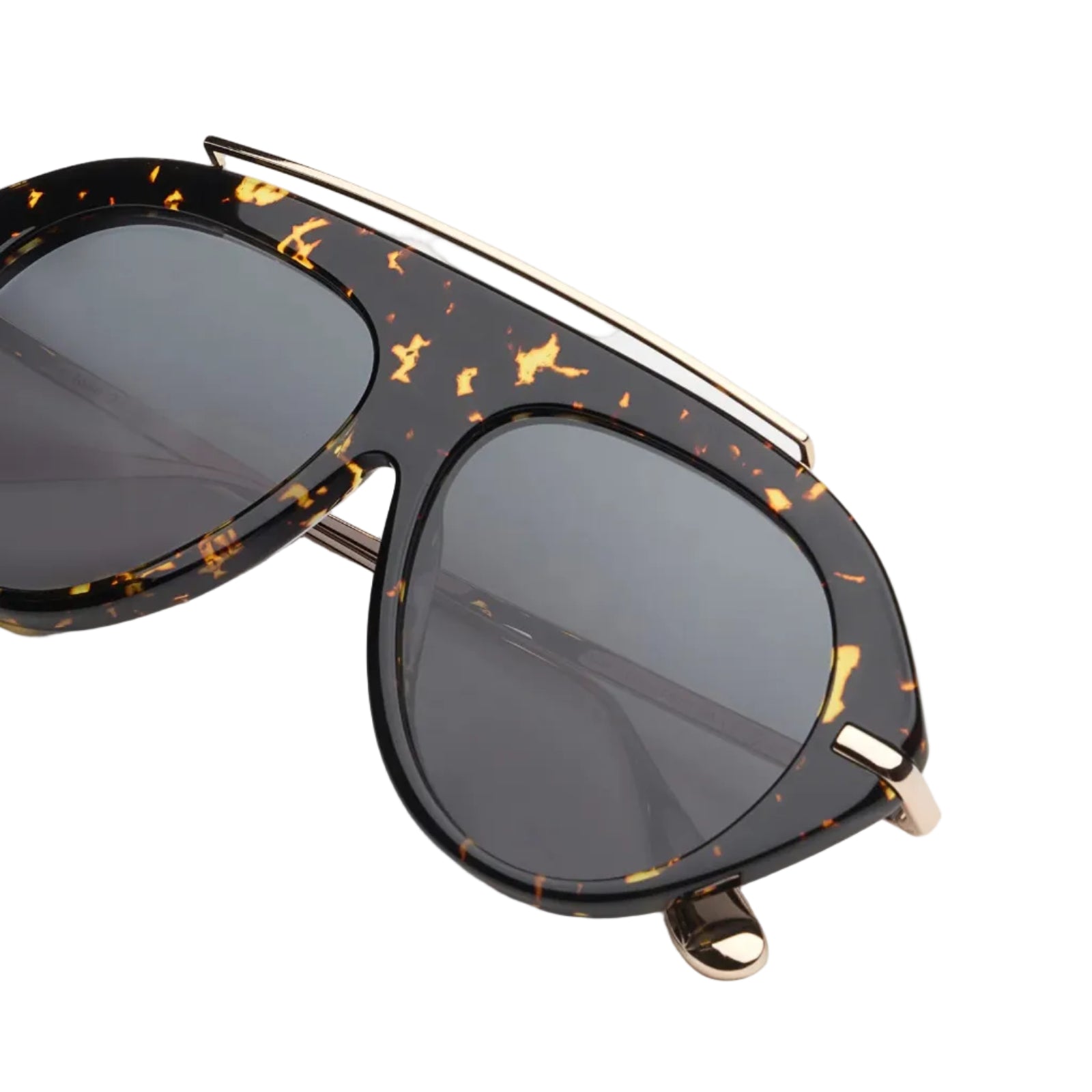 Dark marble framed sunglasses with black lenses and gold accents on a white background 