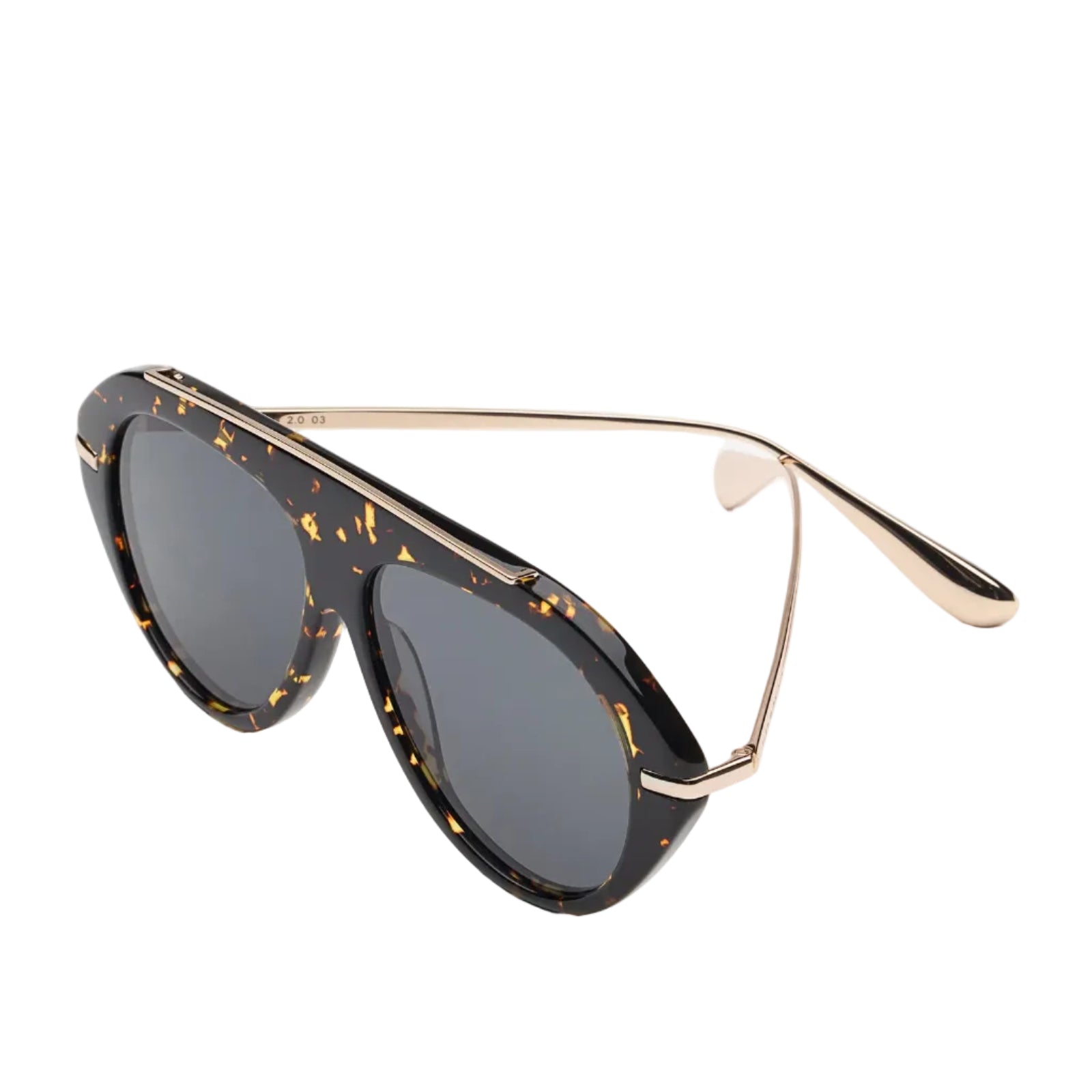 Dark marble framed sunglasses with black lenses and gold accents on a white background 