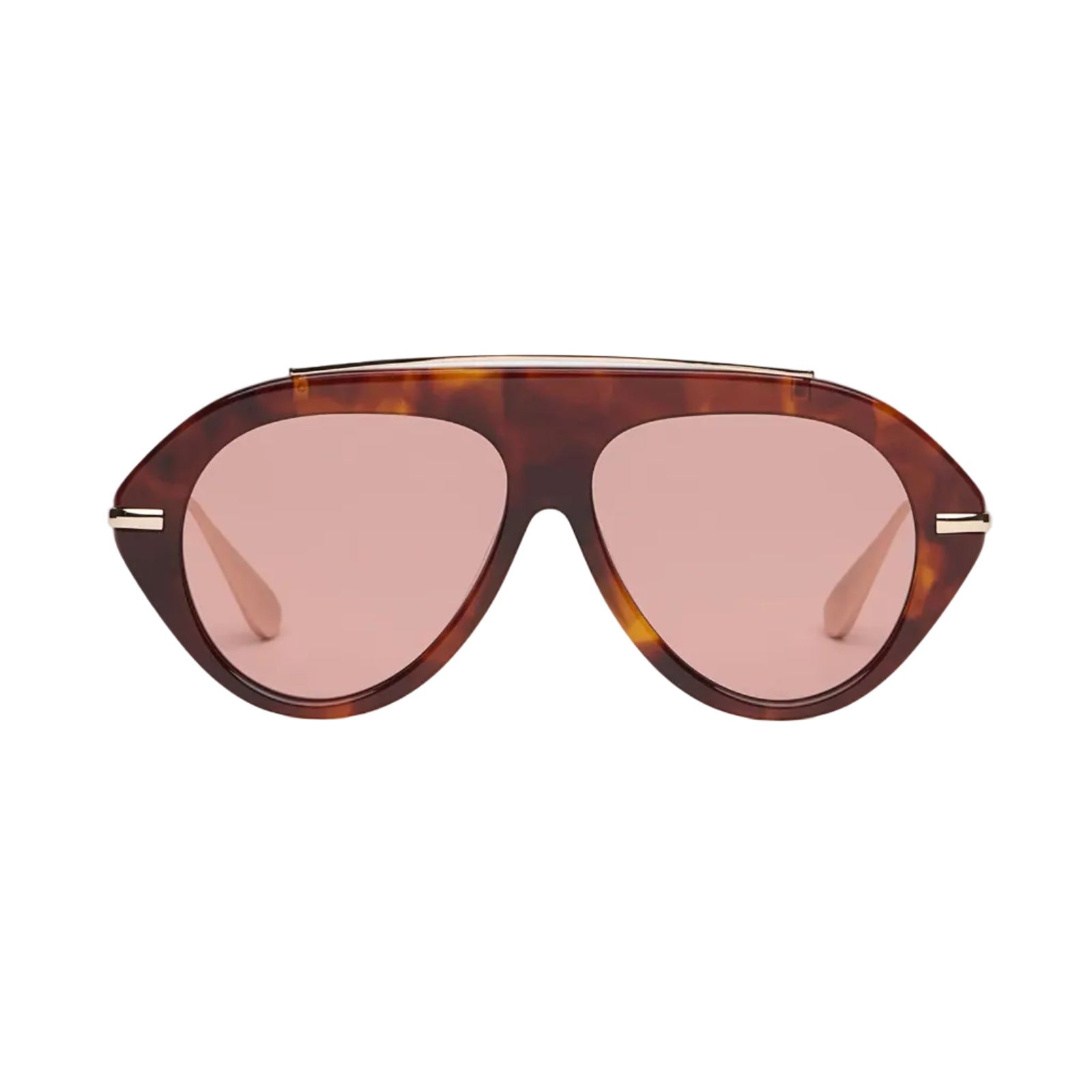 Tortoise sunglasses with red lenses and gold detailing on a white background