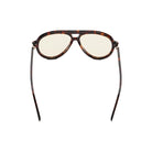 Tortoise framed sunglasses with yellow lenses and gold accents on a white background