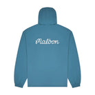 Blue hooded anorak with 'Malbon' branding on the back against a white background