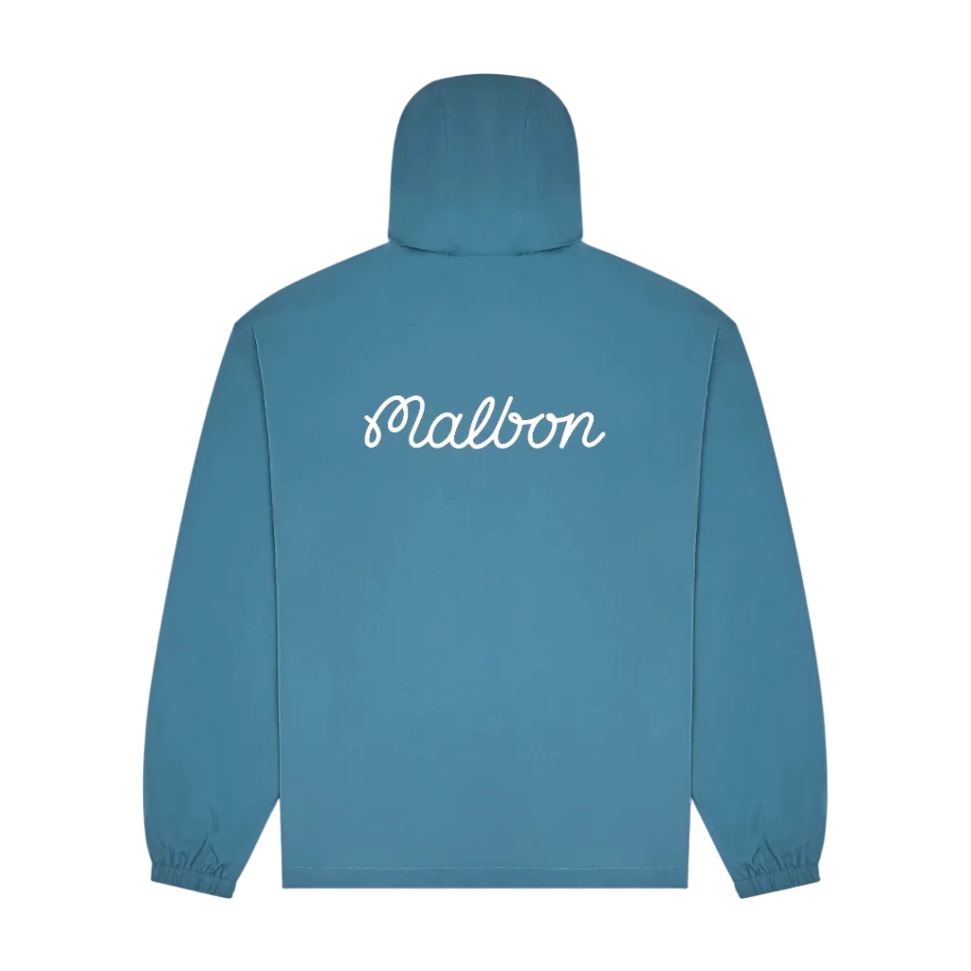 Blue hooded anorak with 'Malbon' branding on the back against a white background
