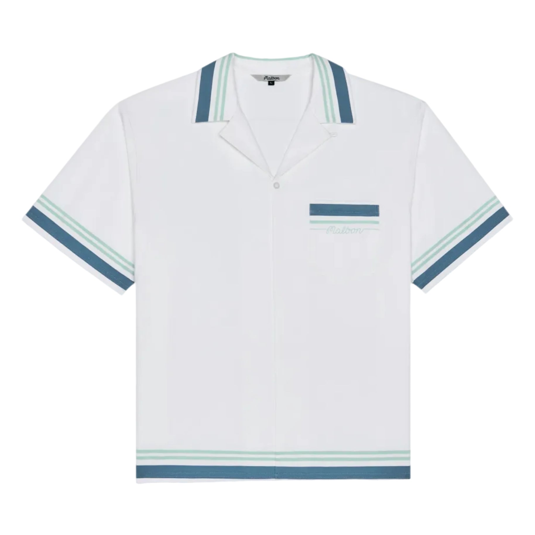 White polo shirt with blue and green accents on a white background