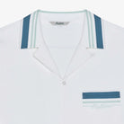 White shirt with blue and green striped accents on a white background